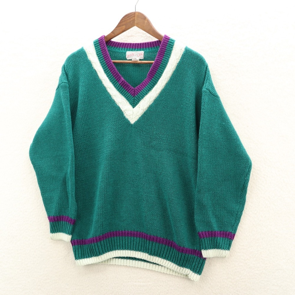 Vintage Spice Of Life Varsity Style Sweater Men's Large Aqua & Purple V-Neck